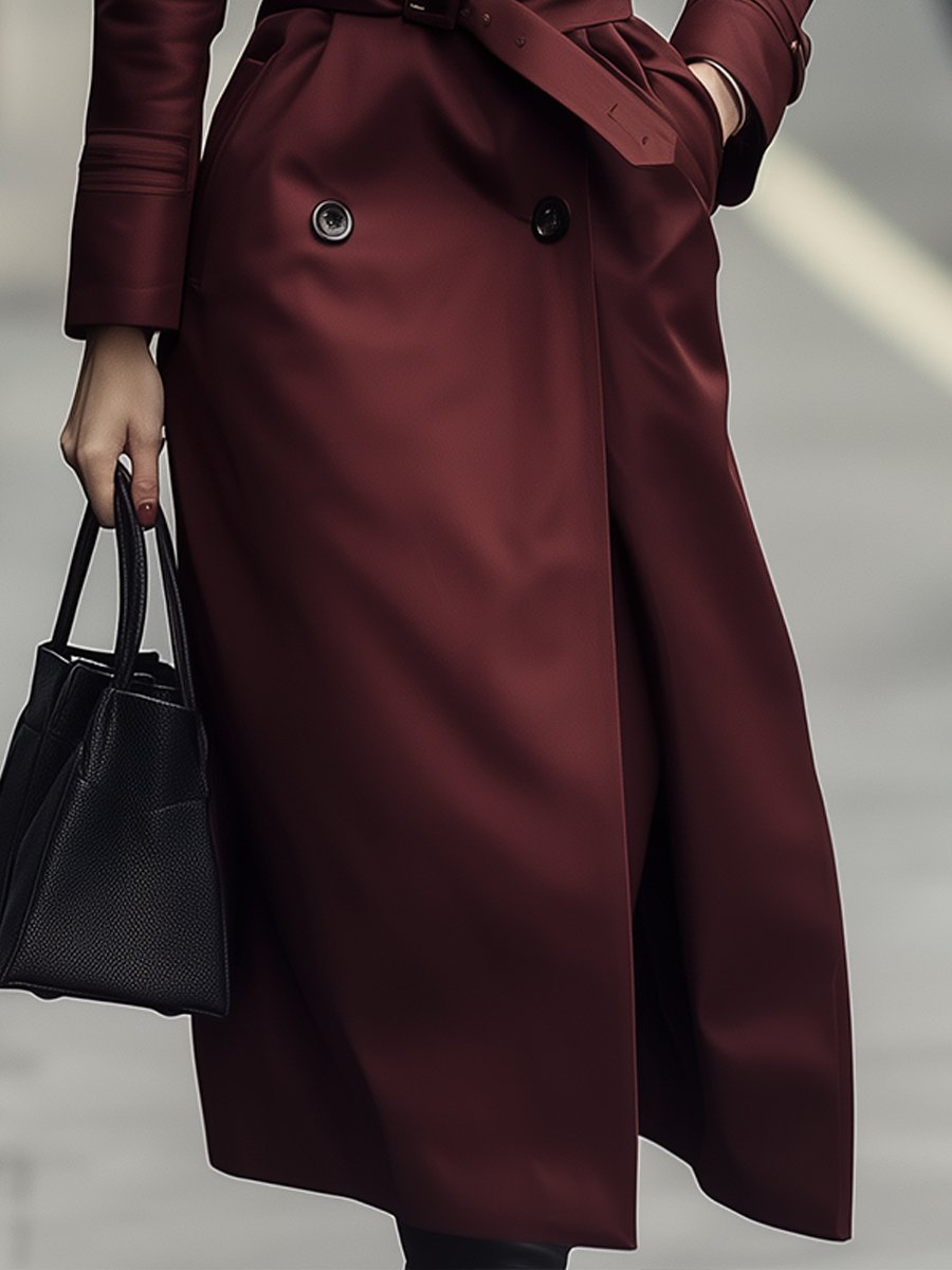 Elena | Double-Breasted Belted Trench Coat in Burgundy - Alden & Archer