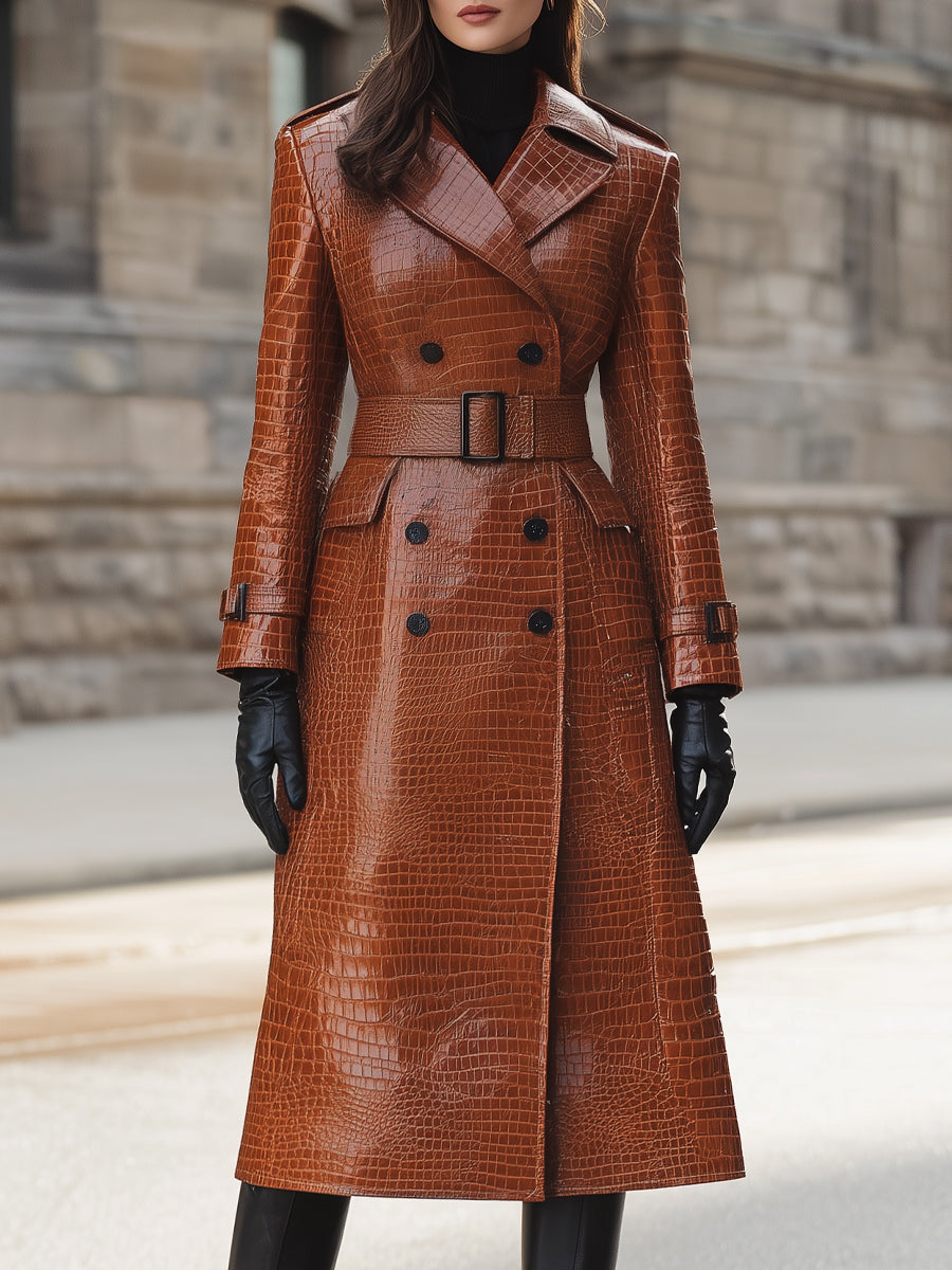 Elena | Croc-Embossed Faux Leather Trench Coat with Belted Waist - Alden & Archer