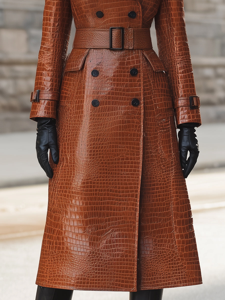 Elena | Croc-Embossed Faux Leather Trench Coat with Belted Waist - Alden & Archer