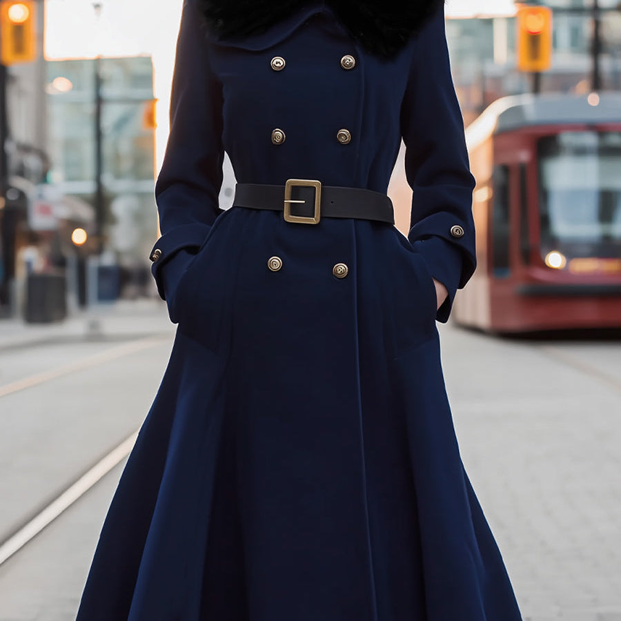 Elena | Double-Breasted Belted Midi Coat with Faux Fur Collar - Alden & Archer