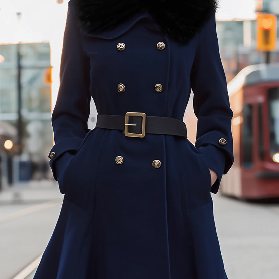 Elena | Double-Breasted Belted Midi Coat with Faux Fur Collar - Alden & Archer