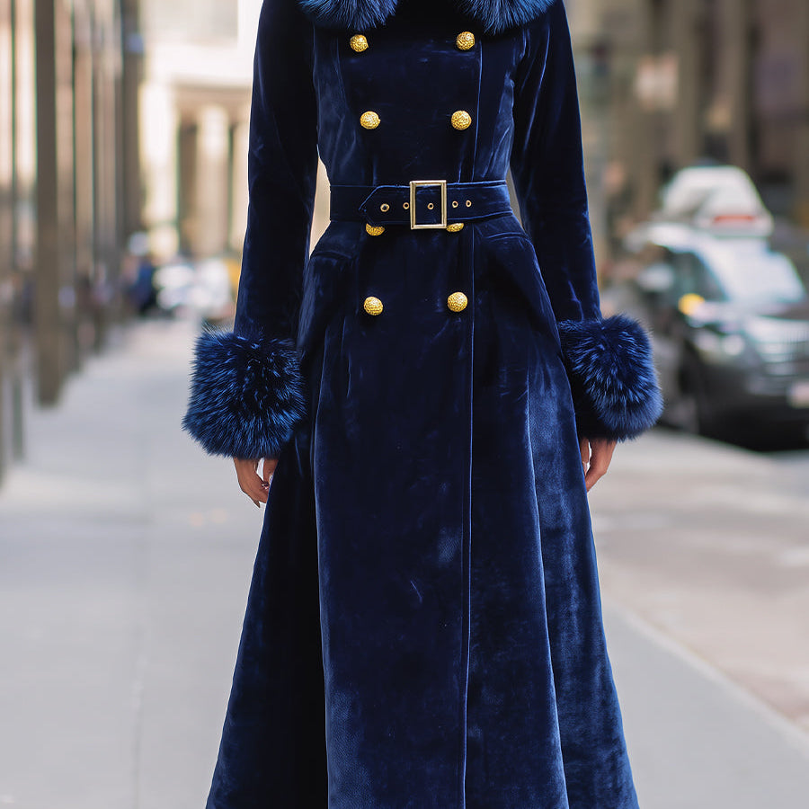 Royal Velvet | Double-Breasted Faux Fur Trim Long Coat - Alden & Archer