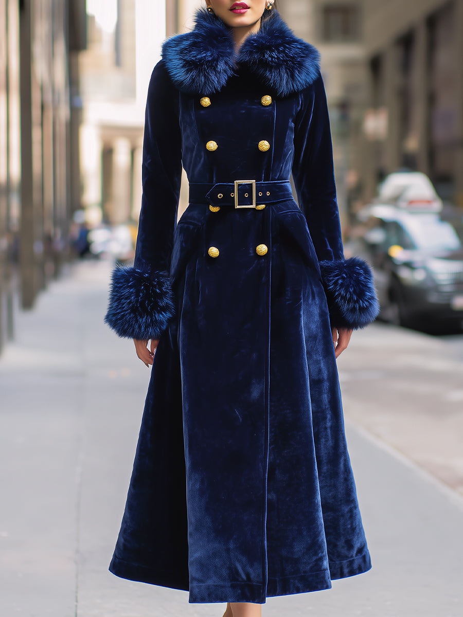 Royal Velvet | Double-Breasted Faux Fur Trim Long Coat - Alden & Archer