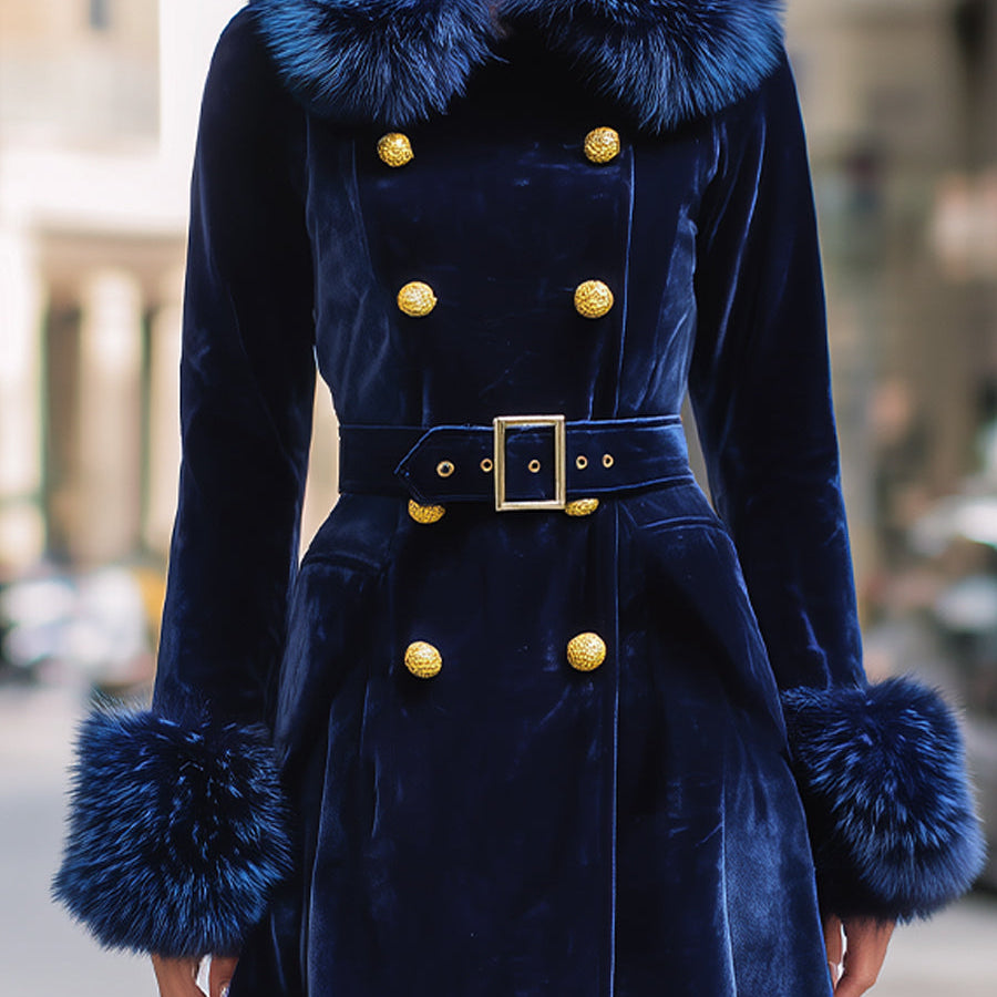 Royal Velvet | Double-Breasted Faux Fur Trim Long Coat - Alden & Archer