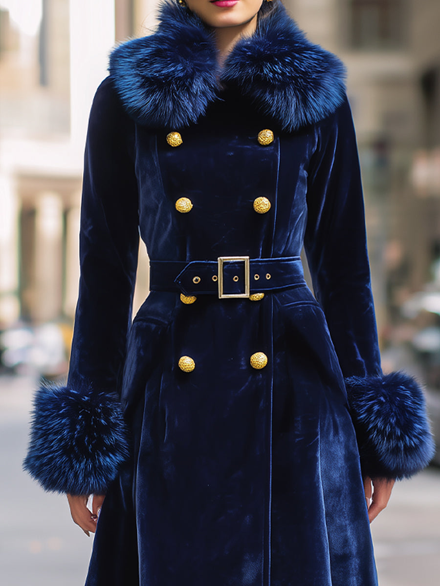 Royal Velvet | Double-Breasted Faux Fur Trim Long Coat - Alden & Archer