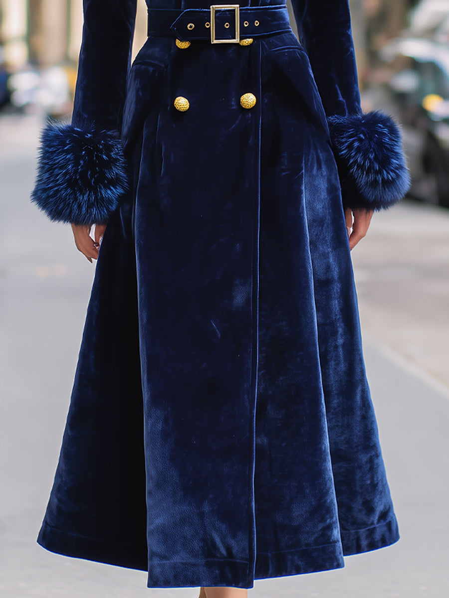 Royal Velvet | Double-Breasted Faux Fur Trim Long Coat - Alden & Archer