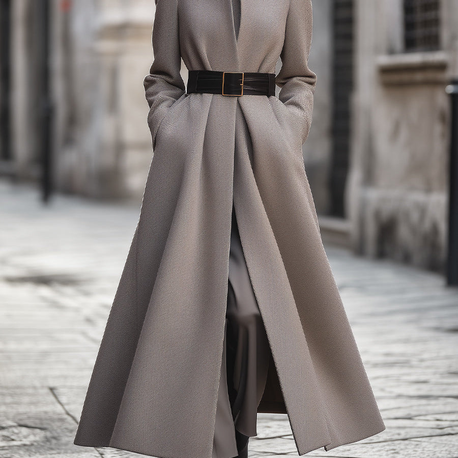 Elena | High-Collar Longline Coat with Belt - Alden & Archer