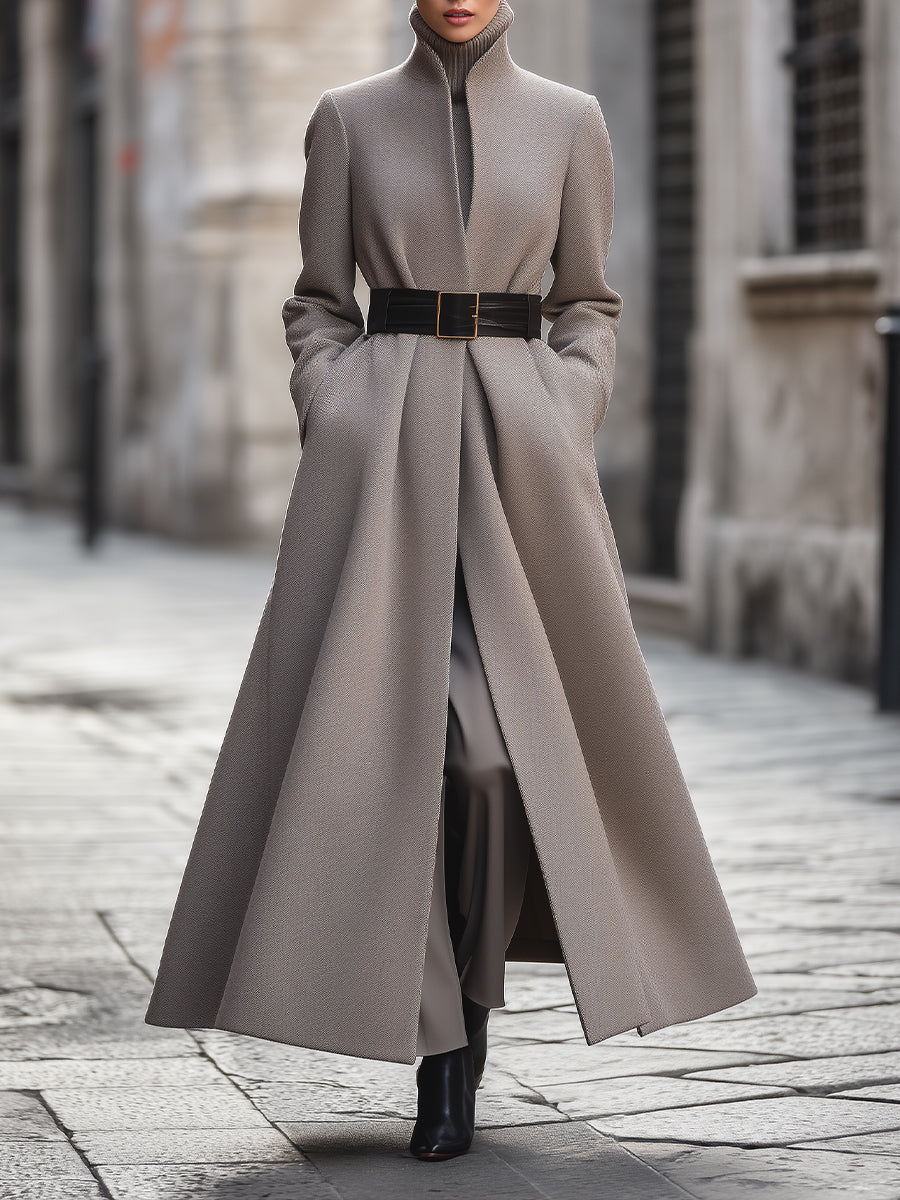 Elena | High-Collar Longline Coat with Belt - Alden & Archer
