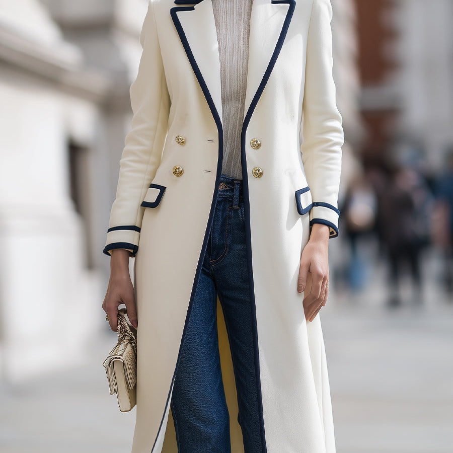 Elena | Double-Breasted Coat with Navy Contrast Trim - Alden & Archer