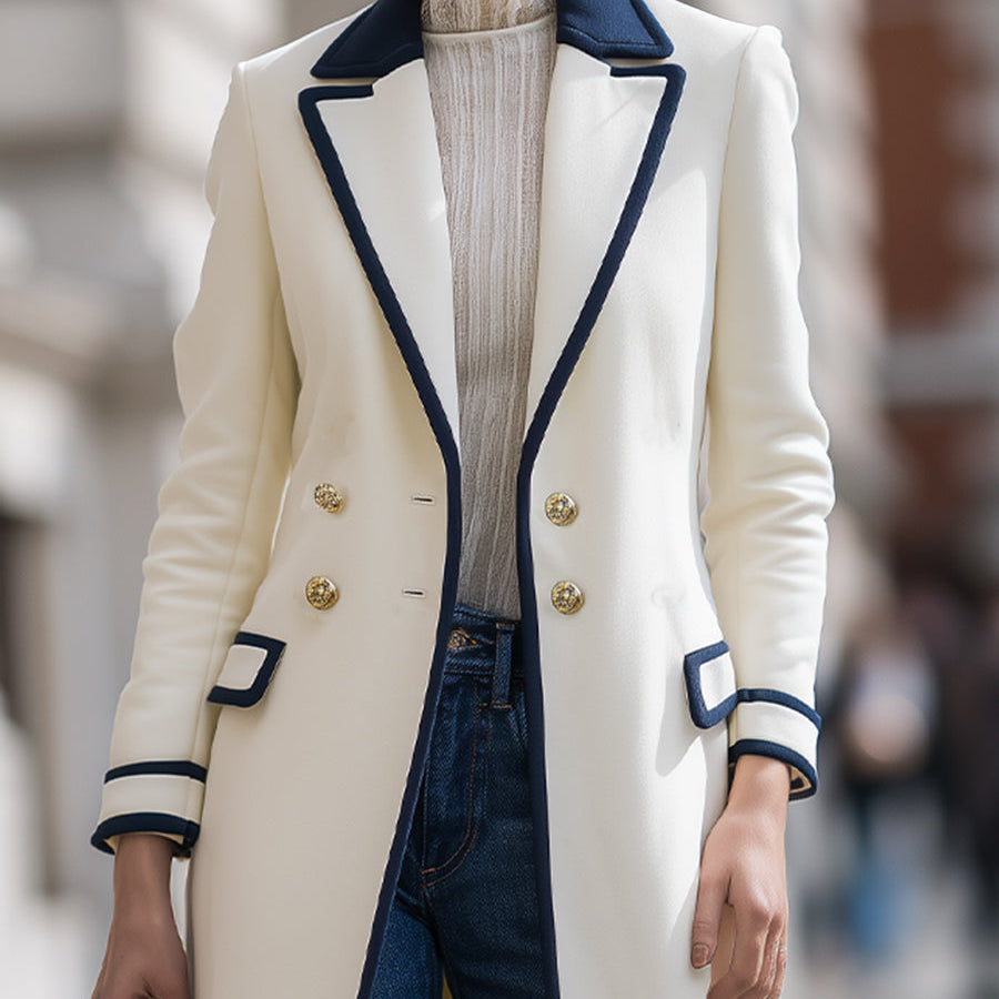 Elena | Double-Breasted Coat with Navy Contrast Trim - Alden & Archer