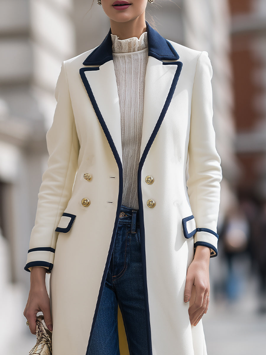 Elena | Double-Breasted Coat with Navy Contrast Trim - Alden & Archer