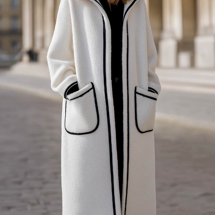 Elena | Longline Coat in Contrast Piped Wool-Blend - Alden & Archer
