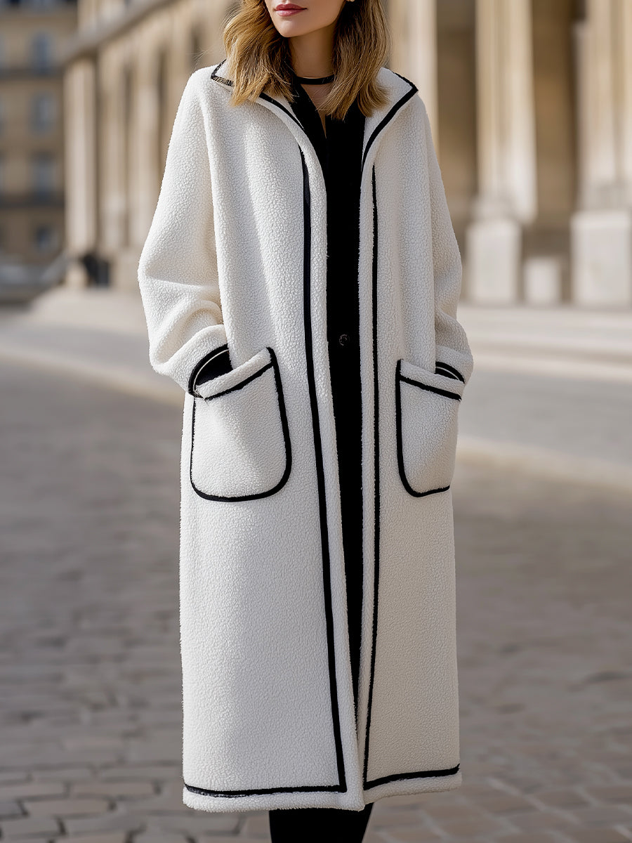 Elena | Longline Coat in Contrast Piped Wool-Blend - Alden & Archer