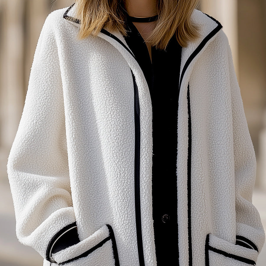 Elena | Longline Coat in Contrast Piped Wool-Blend - Alden & Archer