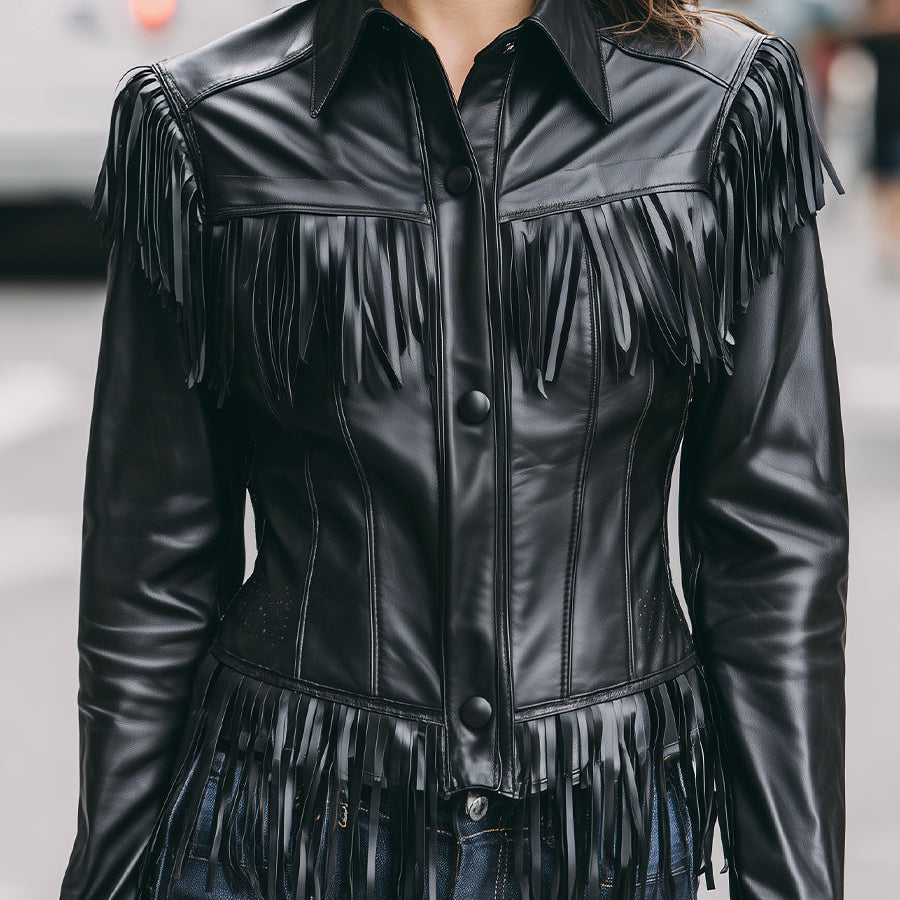 Elena | Faux Leather Jacket with Black Fringe - Alden & Archer