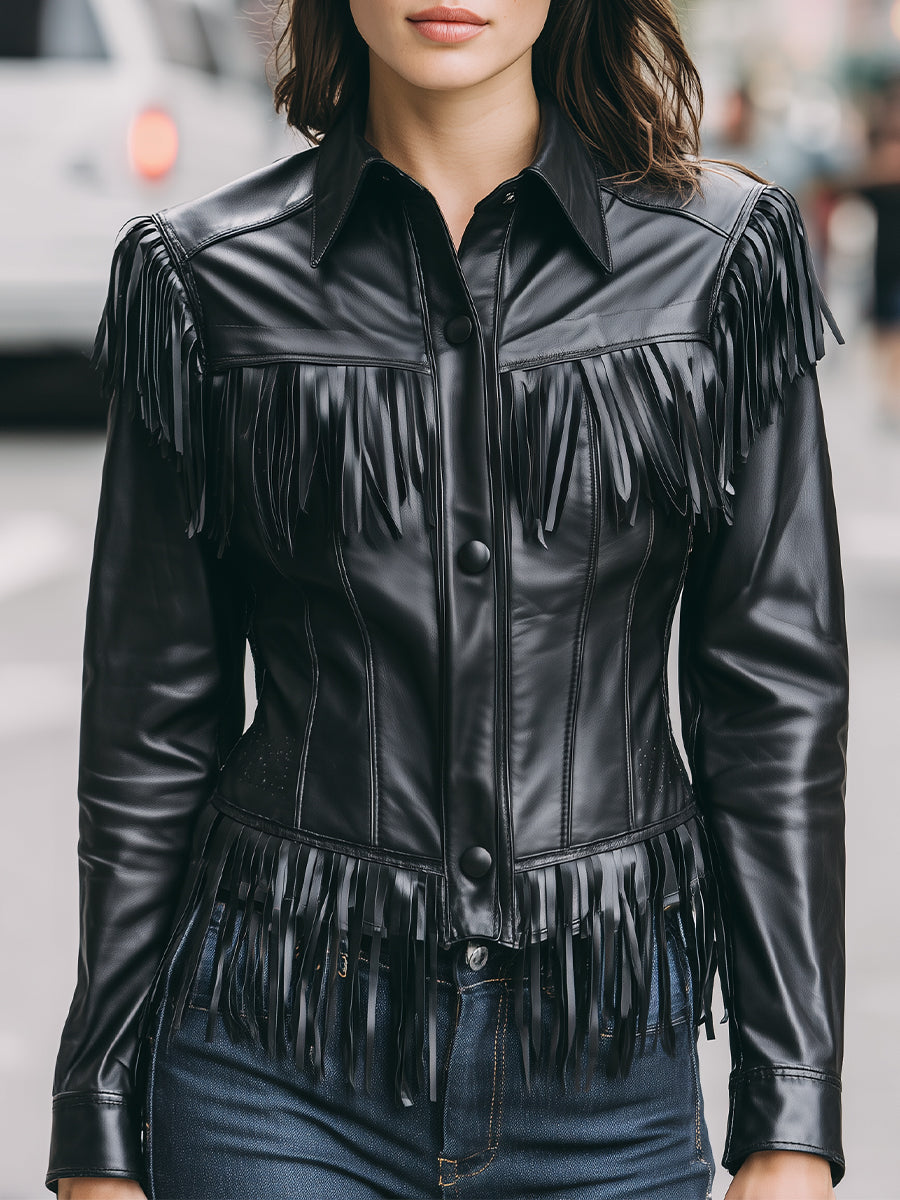 Elena | Faux Leather Jacket with Black Fringe - Alden & Archer