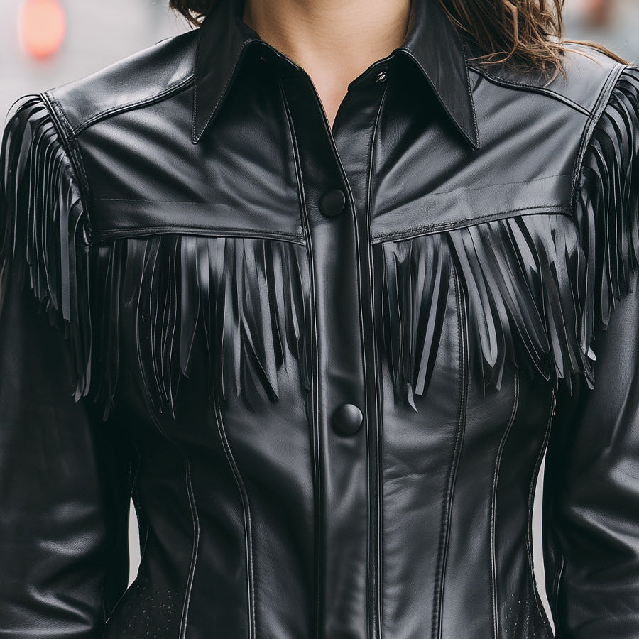 Elena | Faux Leather Jacket with Black Fringe - Alden & Archer