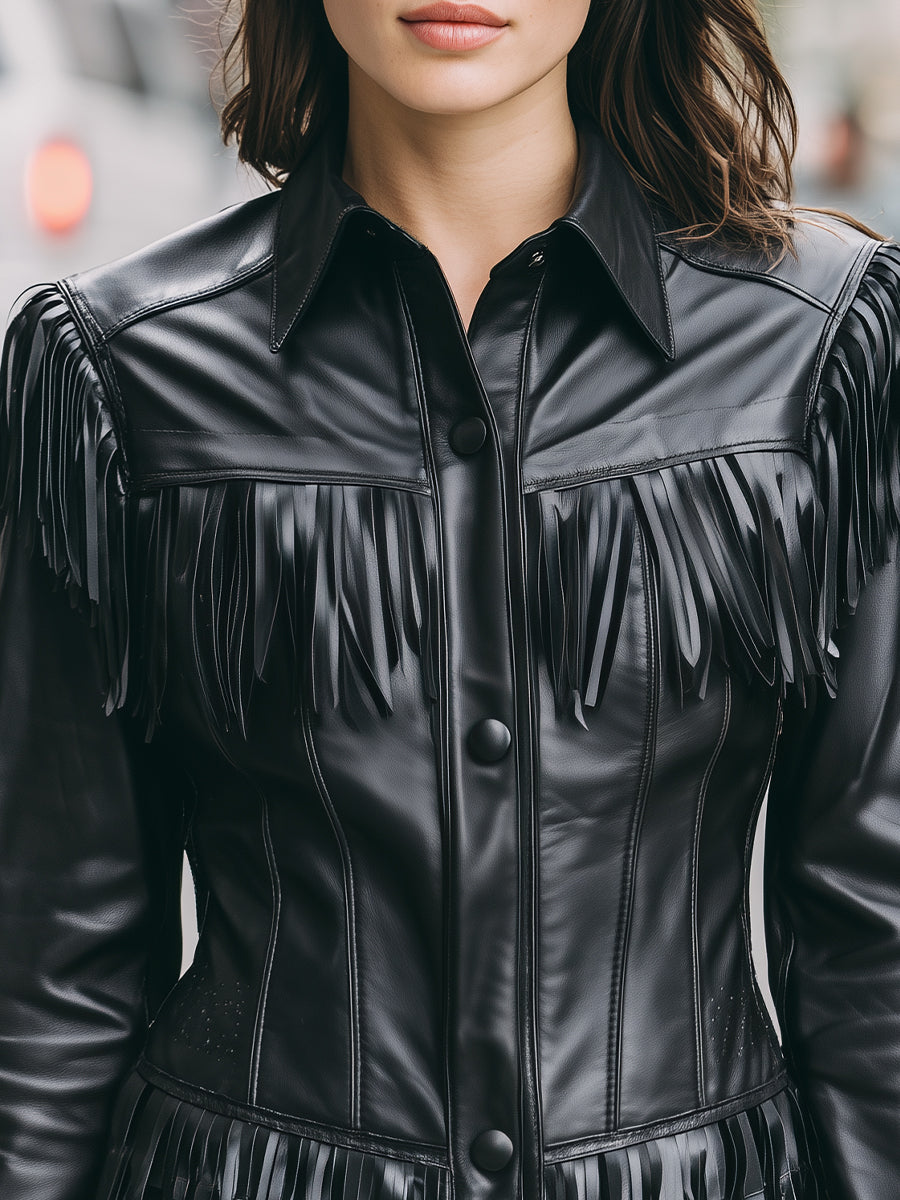 Elena | Faux Leather Jacket with Black Fringe - Alden & Archer