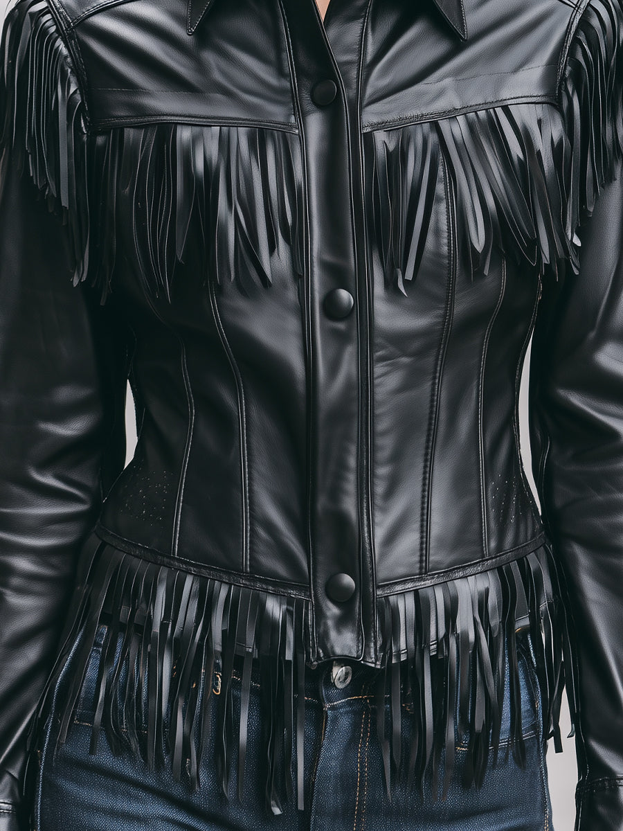 Elena | Faux Leather Jacket with Black Fringe - Alden & Archer