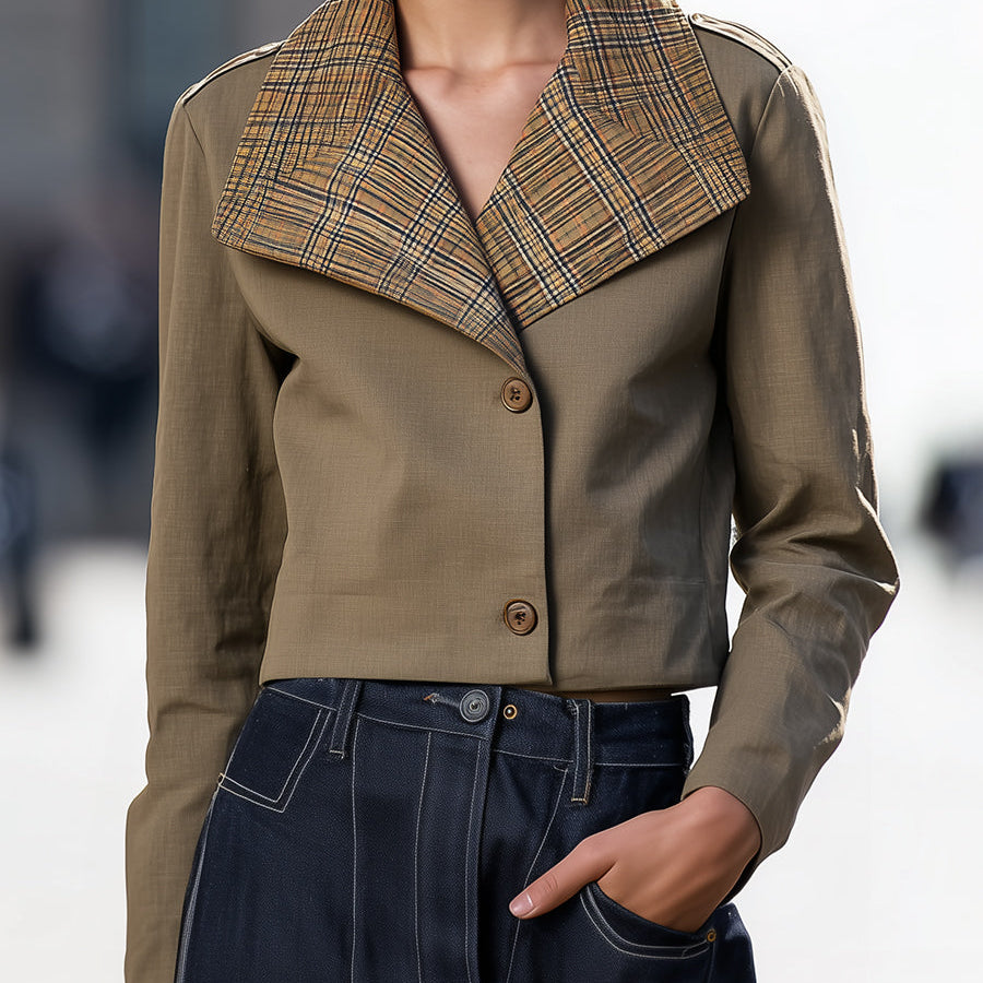 Elena | Cropped Jacket with Oversized Plaid Collar - Alden & Archer