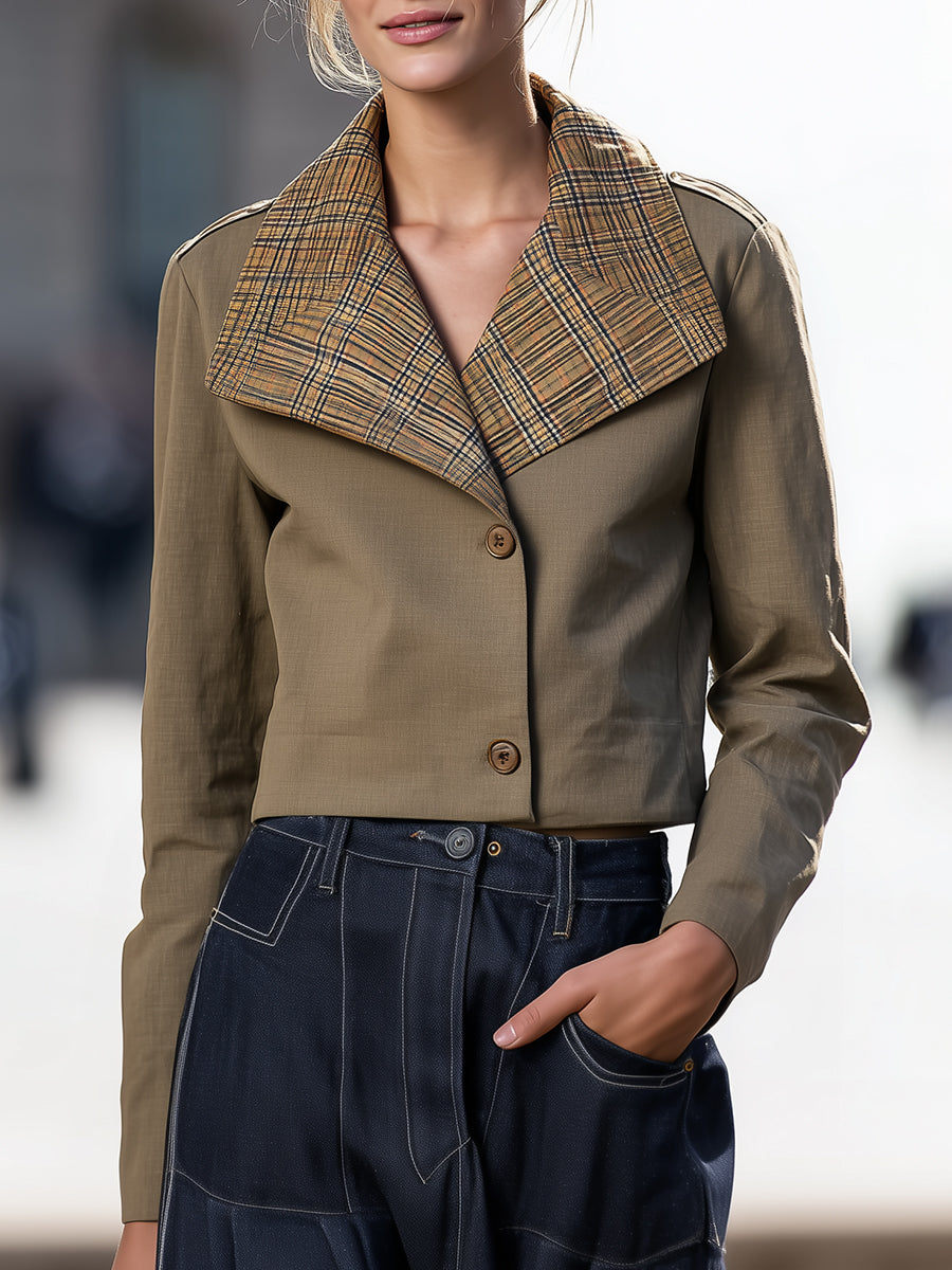 Elena | Cropped Jacket with Oversized Plaid Collar - Alden & Archer