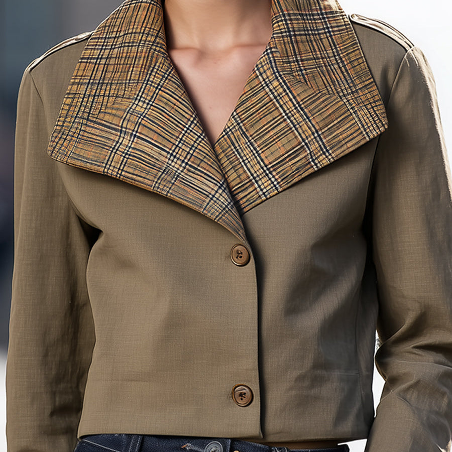 Elena | Cropped Jacket with Oversized Plaid Collar - Alden & Archer