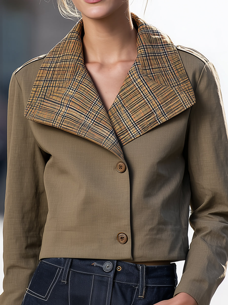 Elena | Cropped Jacket with Oversized Plaid Collar - Alden & Archer