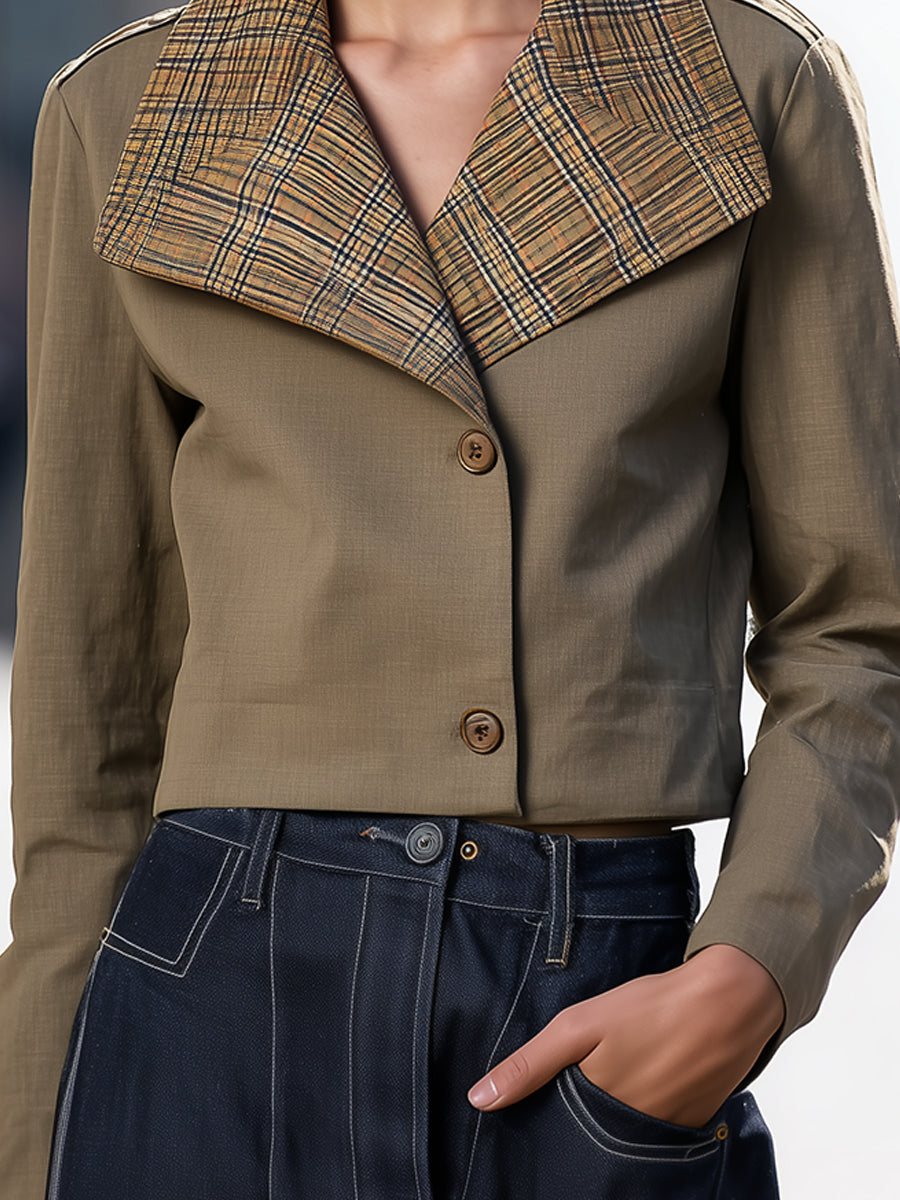 Elena | Cropped Jacket with Oversized Plaid Collar - Alden & Archer