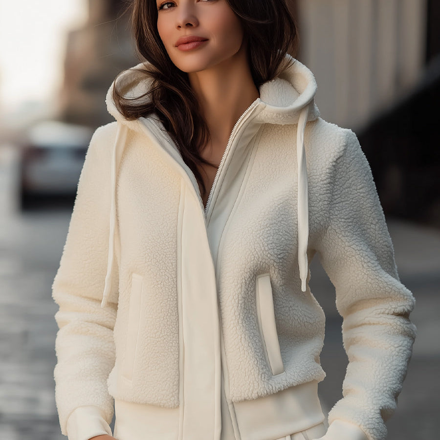 Elena | Hooded Jacket with Contrast-Trim Fleece Patchwork - Alden & Archer