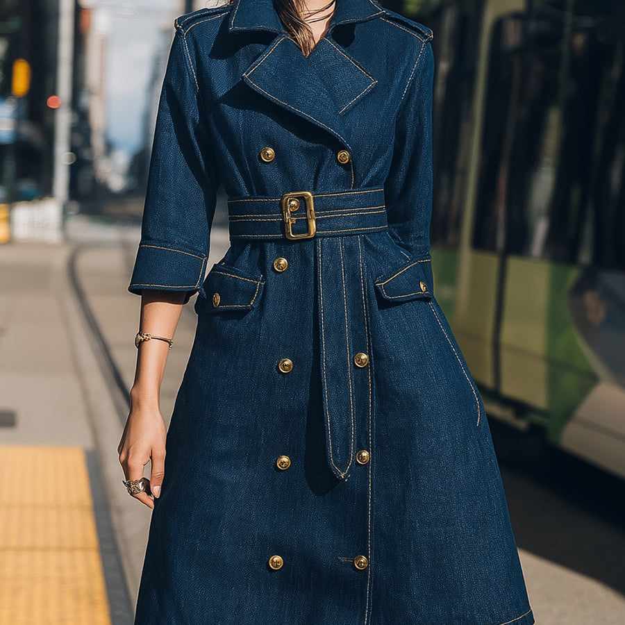 Elena | Belted Denim Trench Dress with Gold Buttons - Alden & Archer