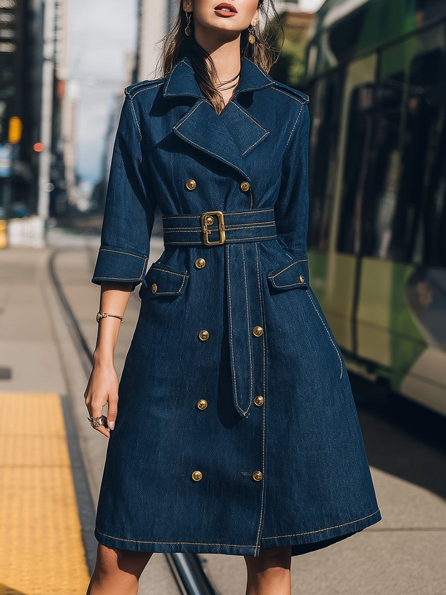 Elena | Belted Denim Trench Dress with Gold Buttons - Alden & Archer