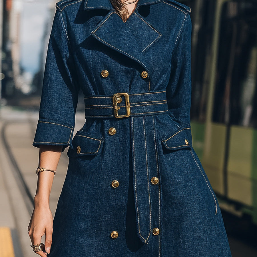 Elena | Belted Denim Trench Dress with Gold Buttons - Alden & Archer