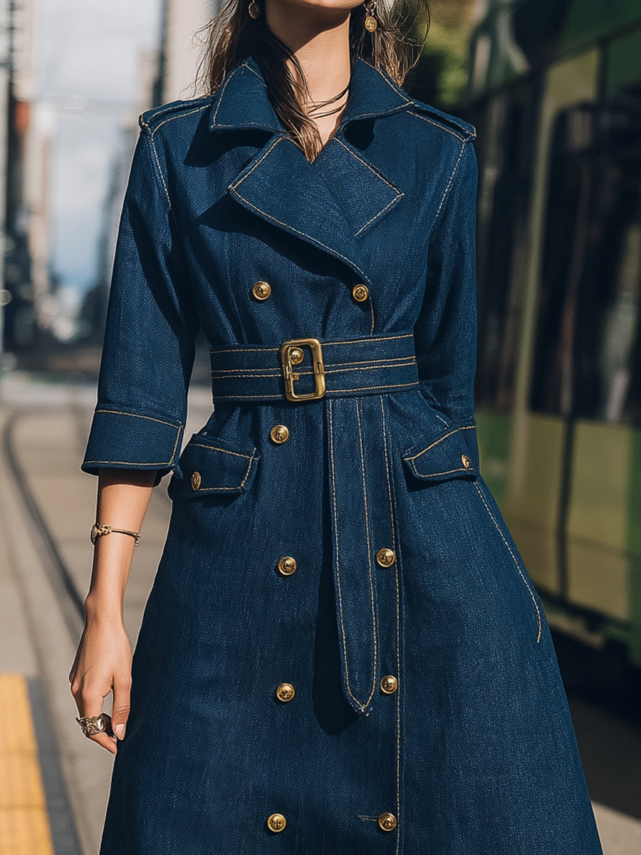 Elena | Belted Denim Trench Dress with Gold Buttons - Alden & Archer
