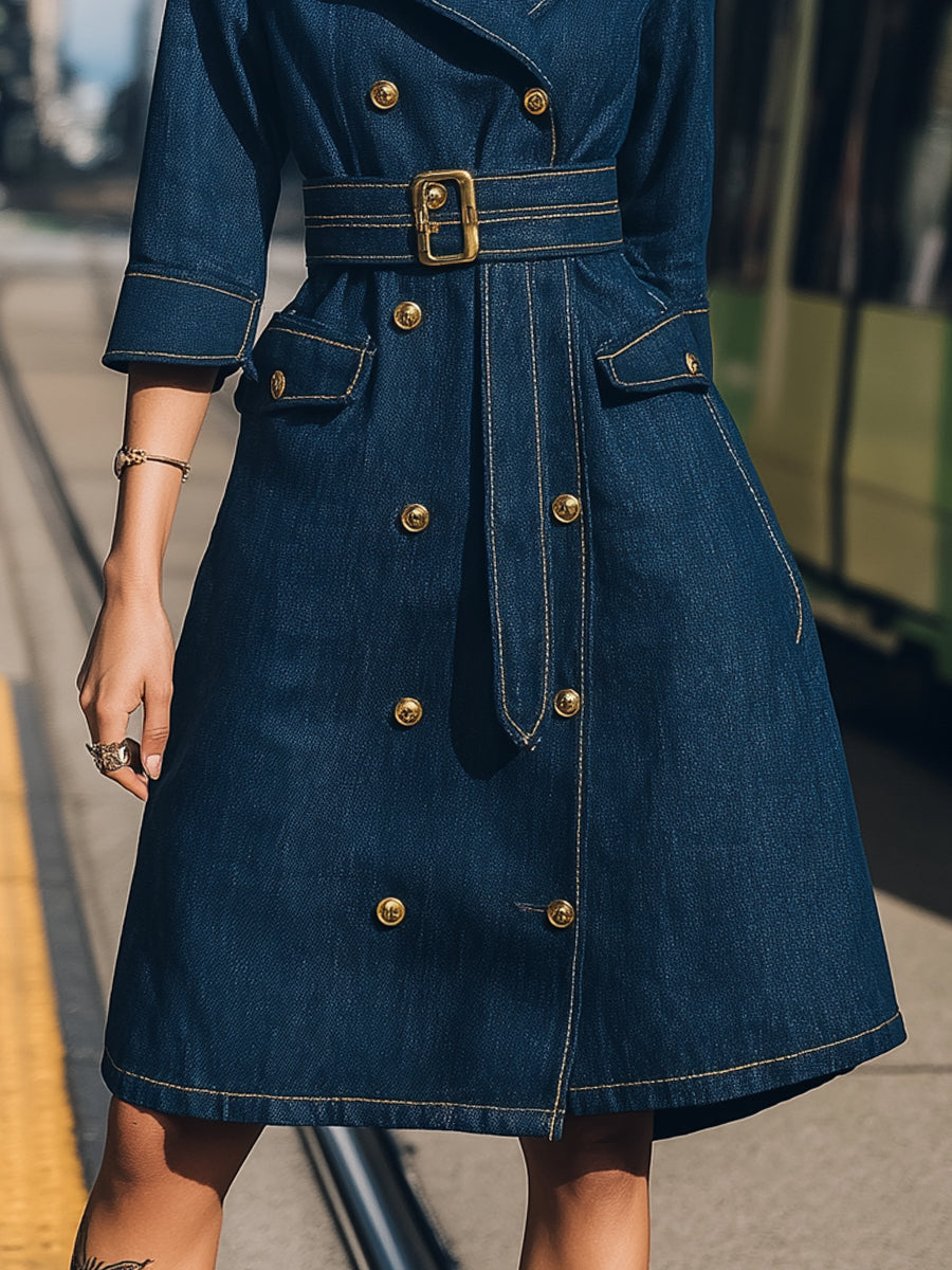 Elena | Belted Denim Trench Dress with Gold Buttons - Alden & Archer