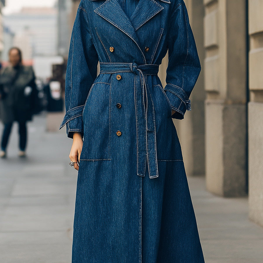 Elena | Double-Breasted Denim Trench Coat - Alden & Archer