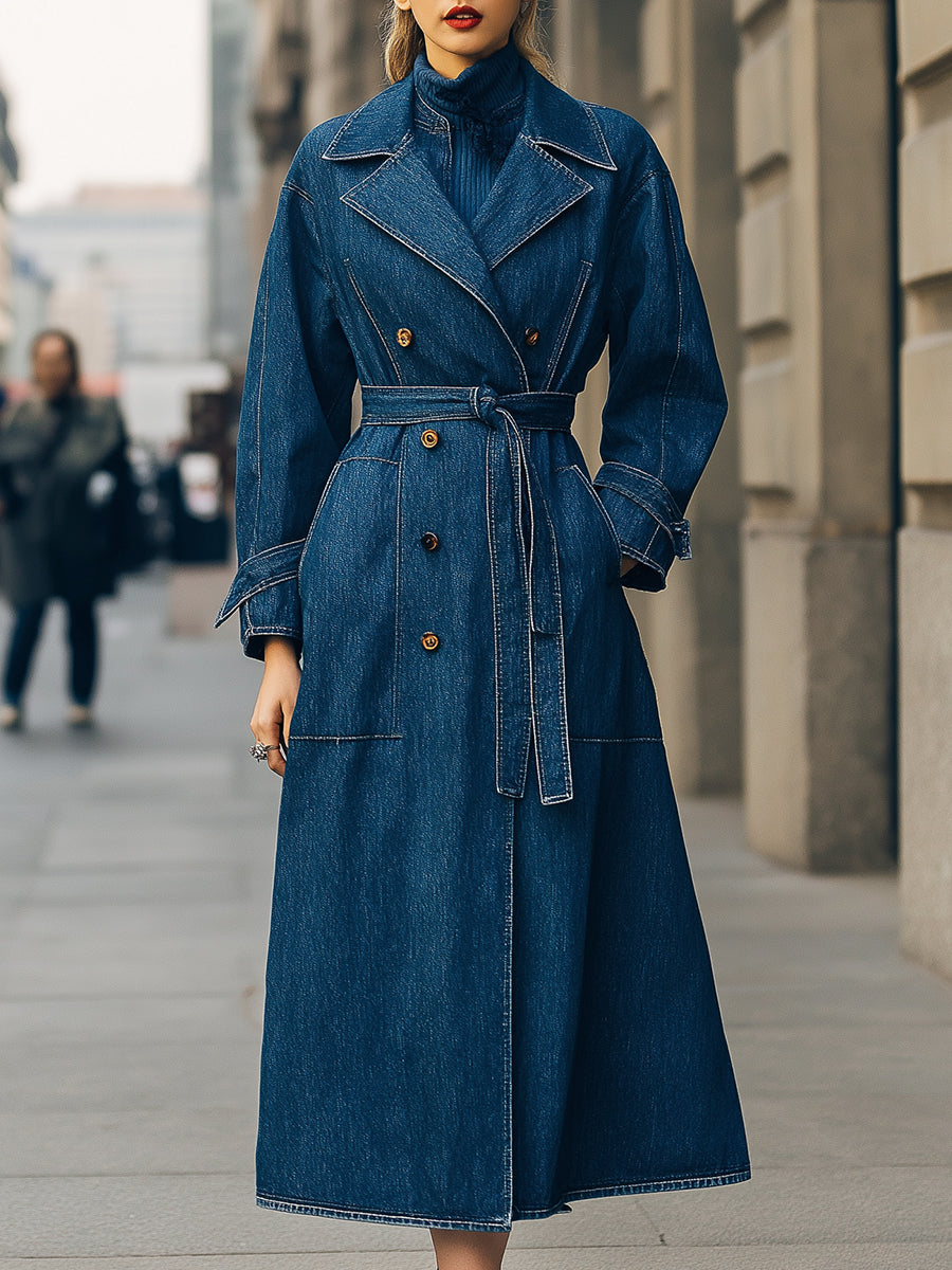 Elena | Double-Breasted Denim Trench Coat - Alden & Archer