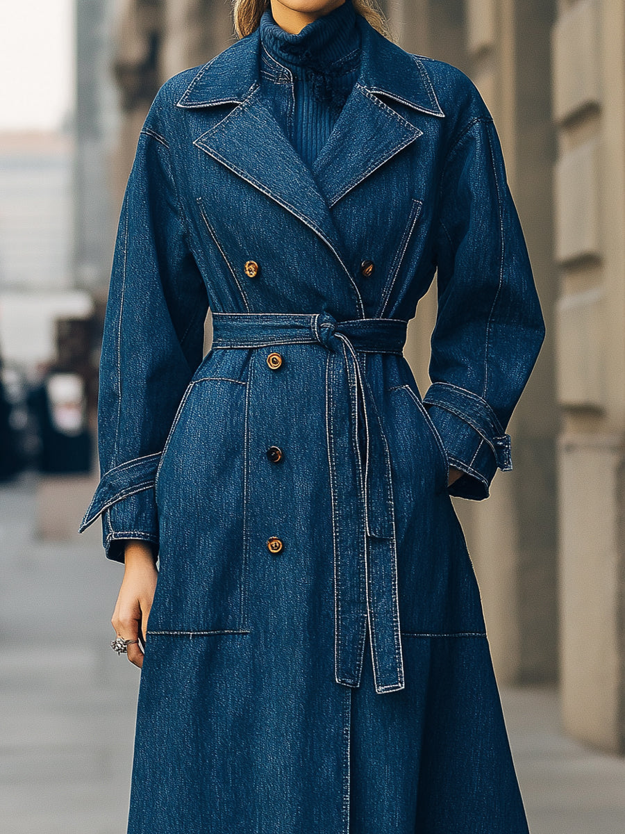 Elena | Double-Breasted Denim Trench Coat - Alden & Archer
