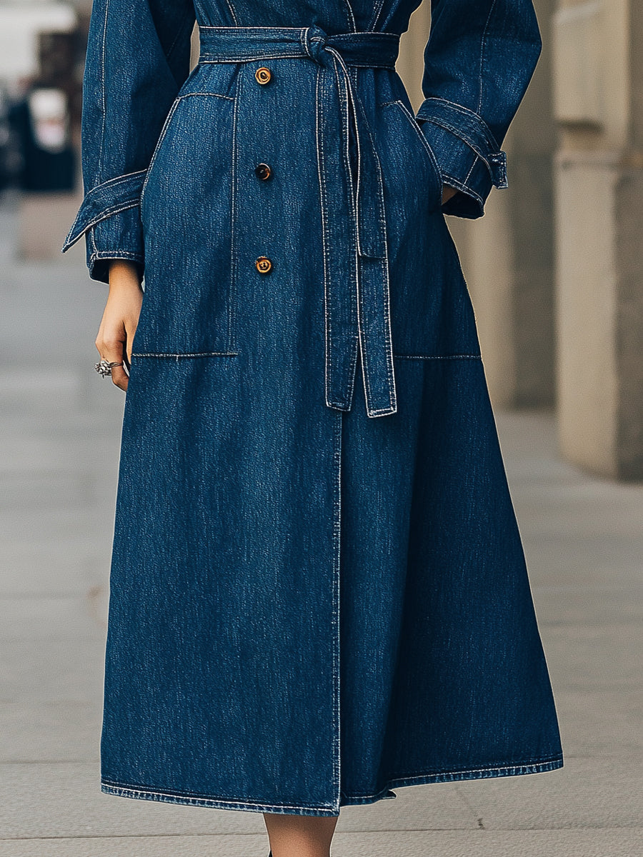Elena | Double-Breasted Denim Trench Coat - Alden & Archer