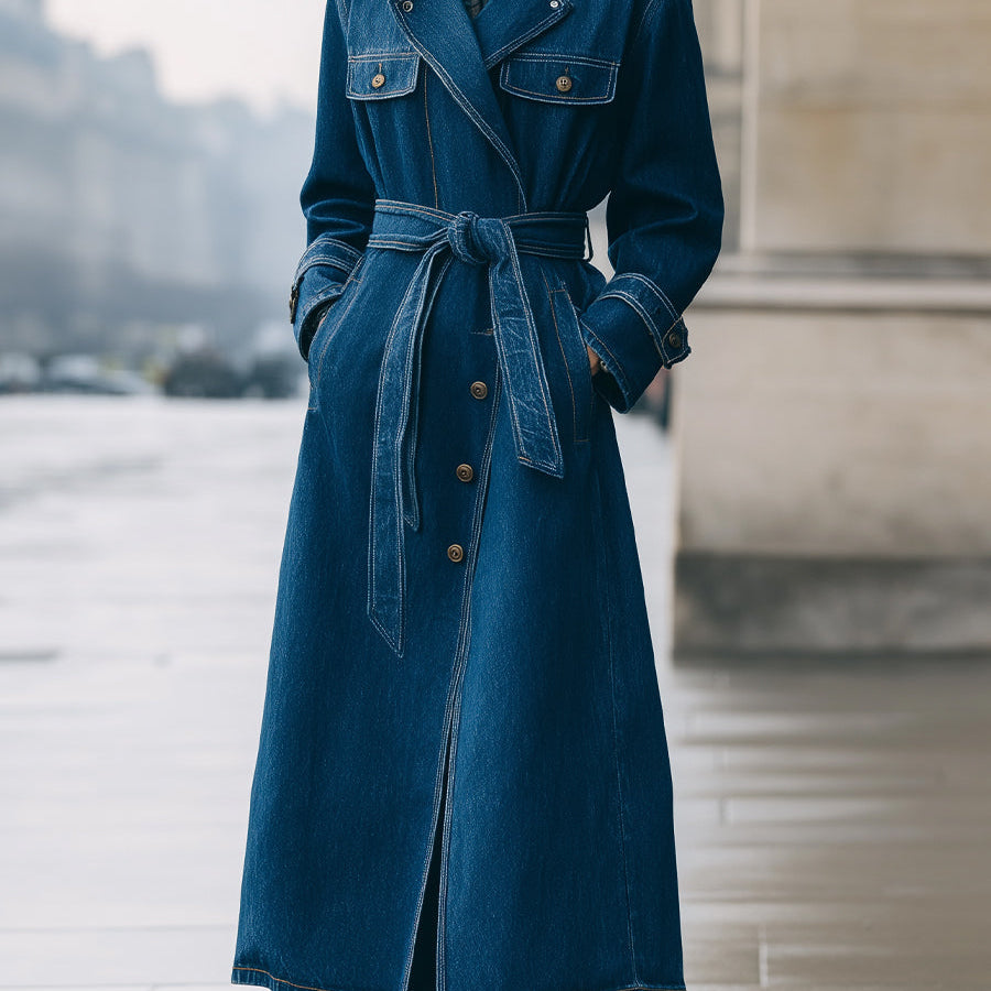 Elena | Longline Denim Trench Coat with Belt - Alden & Archer