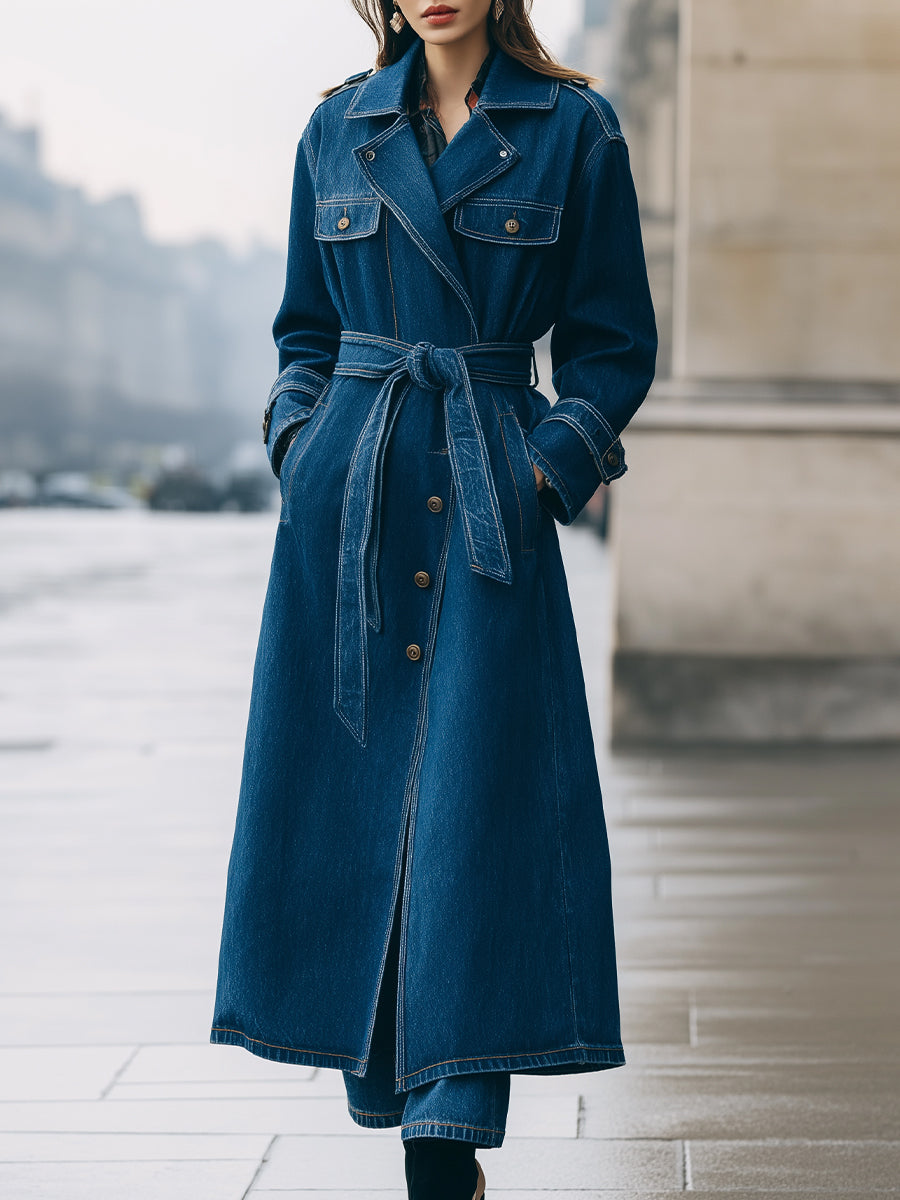 Elena | Longline Denim Trench Coat with Belt - Alden & Archer