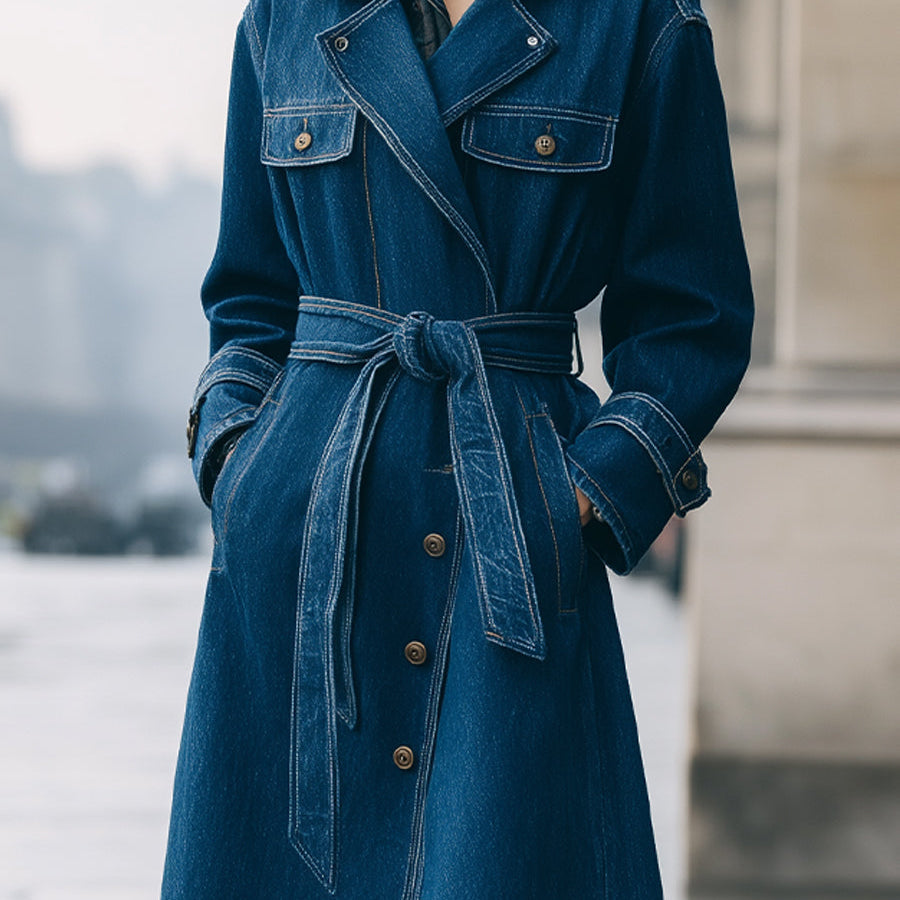 Elena | Longline Denim Trench Coat with Belt - Alden & Archer