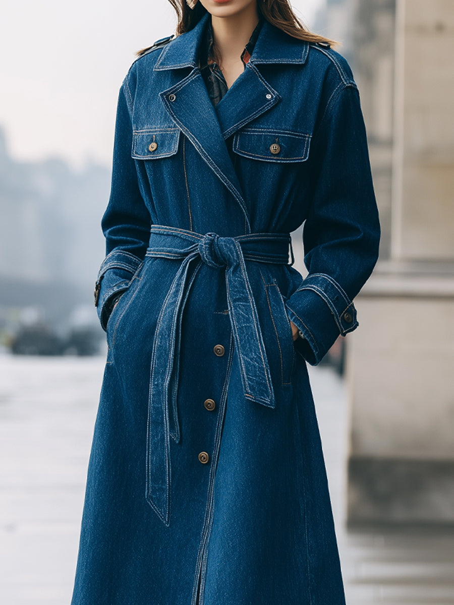 Elena | Longline Denim Trench Coat with Belt - Alden & Archer
