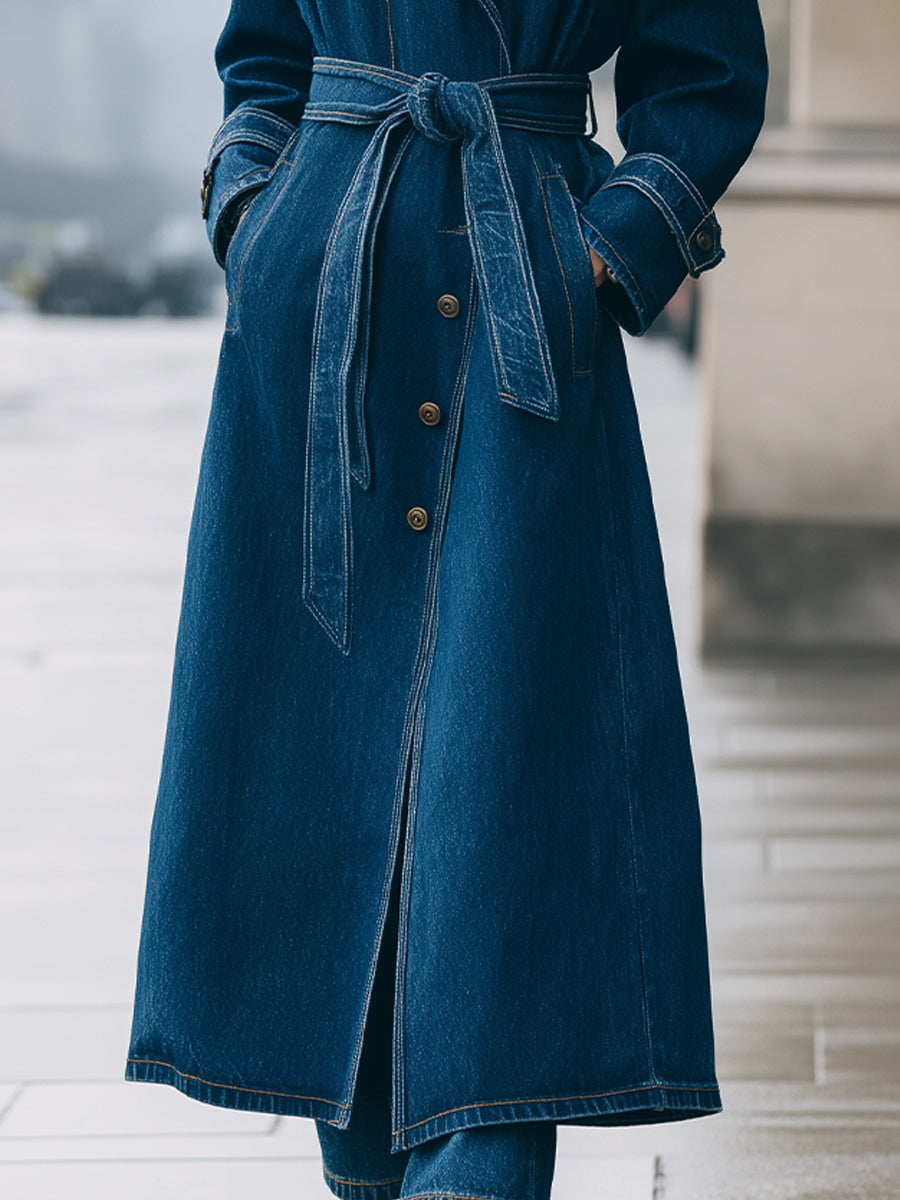 Elena | Longline Denim Trench Coat with Belt - Alden & Archer