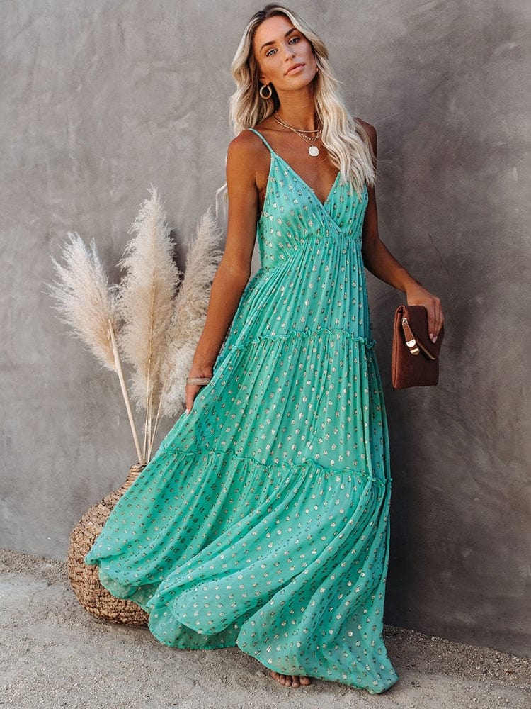 Evi™ Green Maxi Dress with V-Neck and Summer Ibiza Print