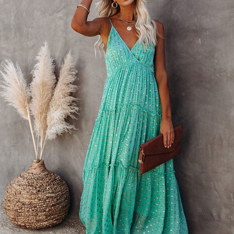 Evi™ Green Maxi Dress with V-Neck and Summer Ibiza Print