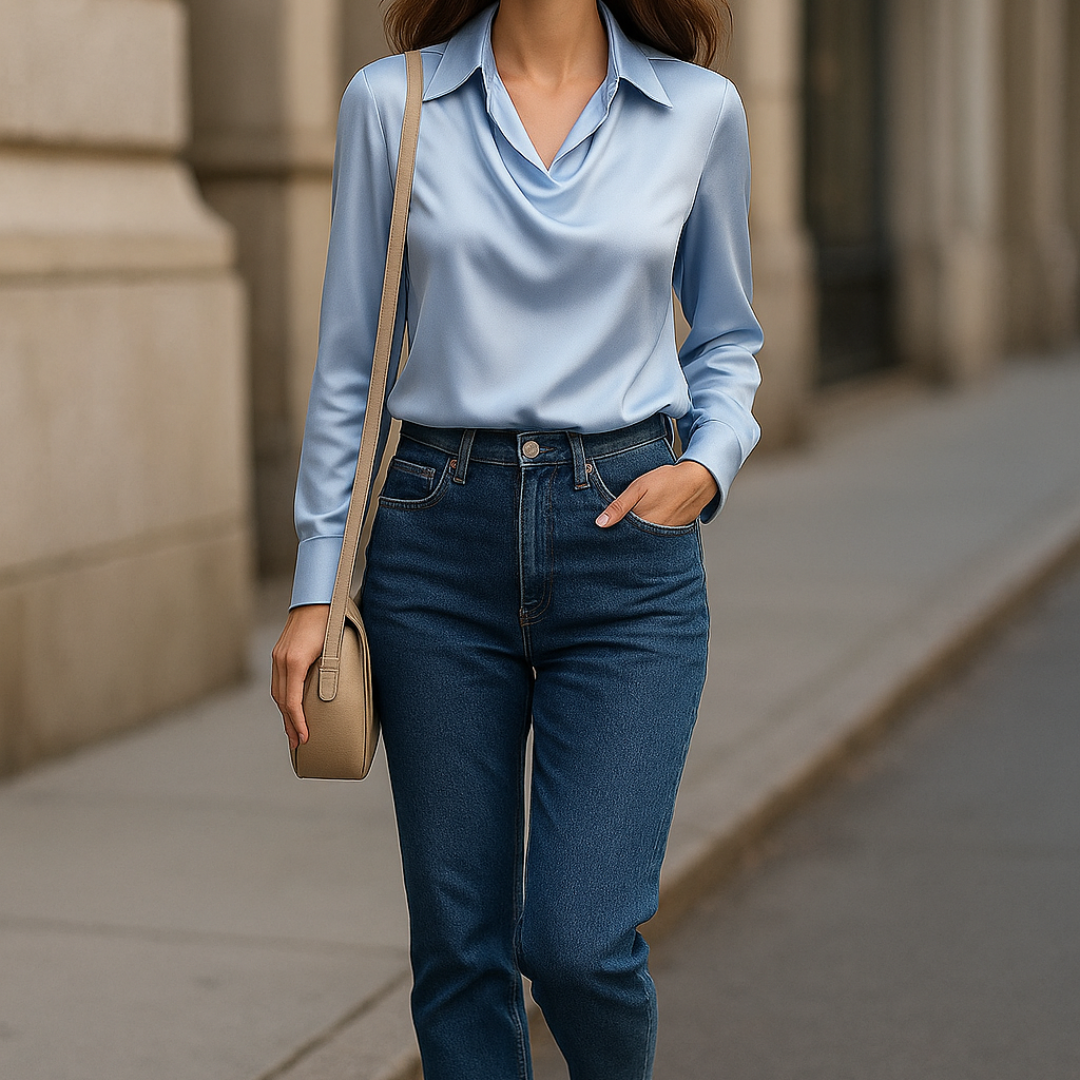 Reba™ | Elegant Silk Blouse with Pleated Neckline