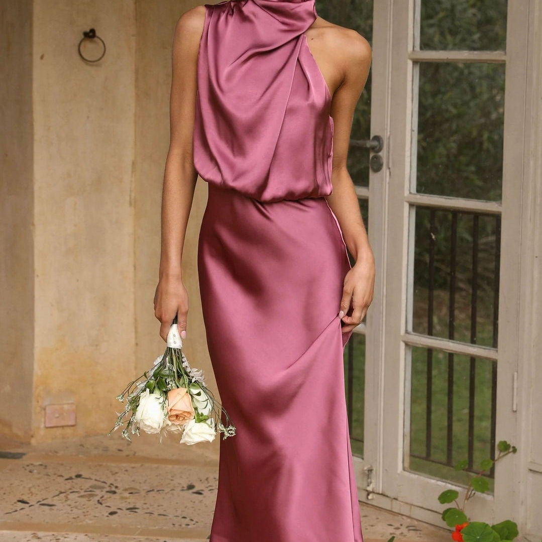 Rochella™ - Elegant Satin Dress with High Neck in Dusty Pink