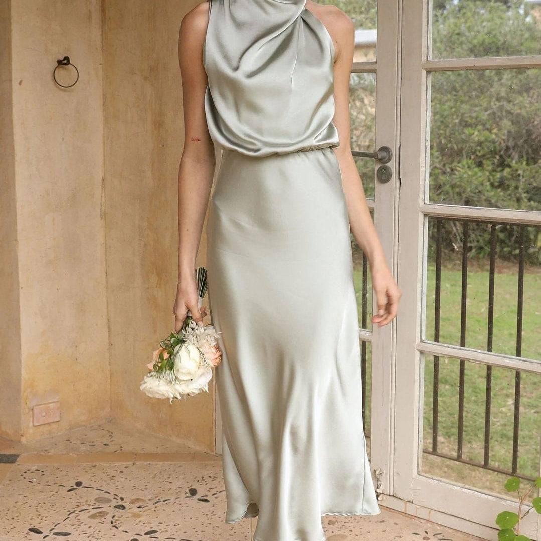 Amber™ - Elegant Satin Dress With High Neck Light Gold