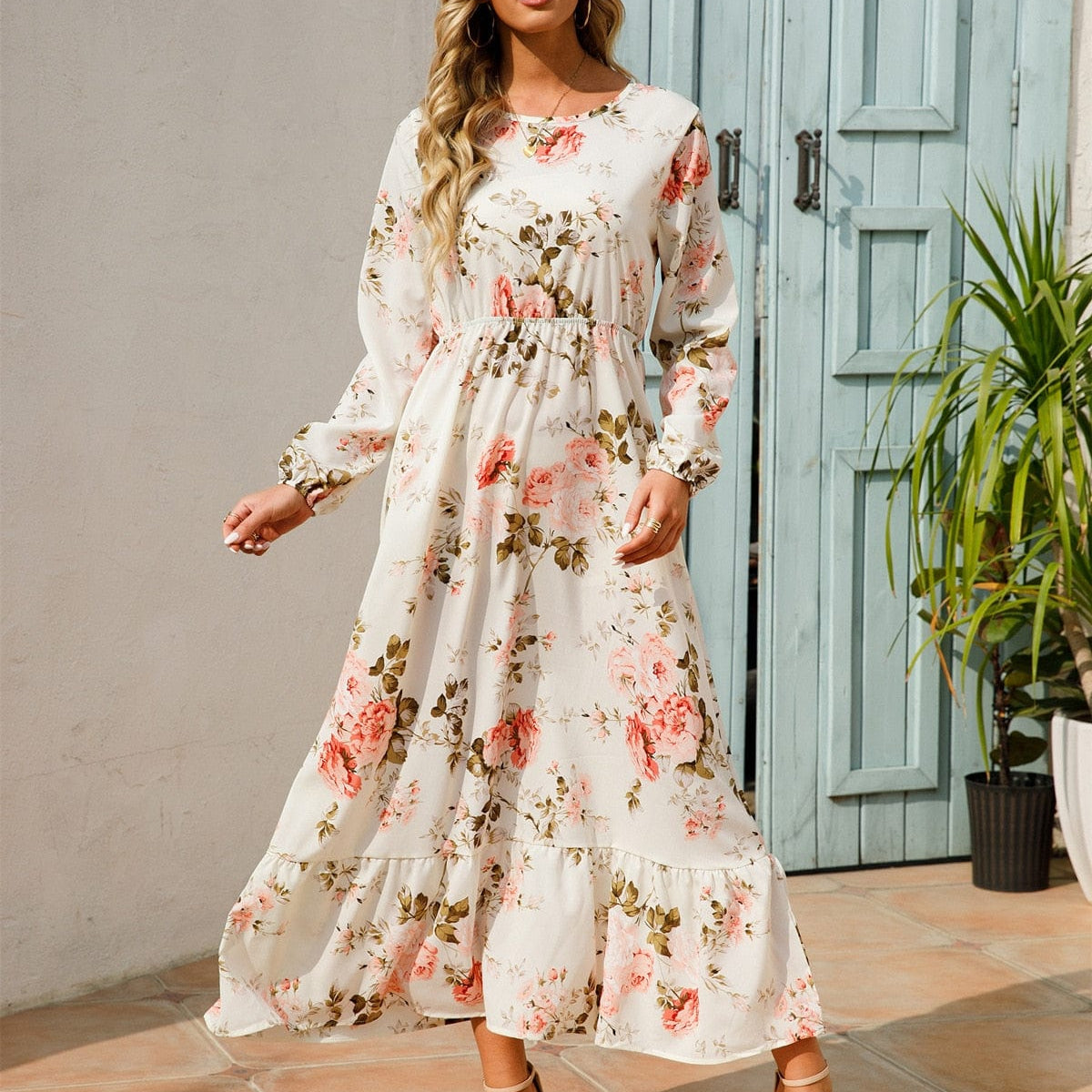 Julia™ Witte Lange Mouwen Maxi Jurk Met Zomerse Bloemenprint