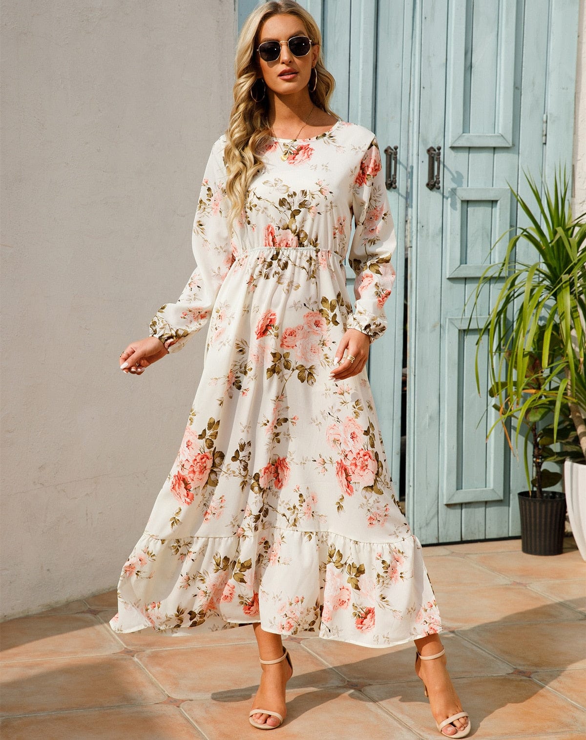 Julia™ Witte Lange Mouwen Maxi Jurk Met Zomerse Bloemenprint